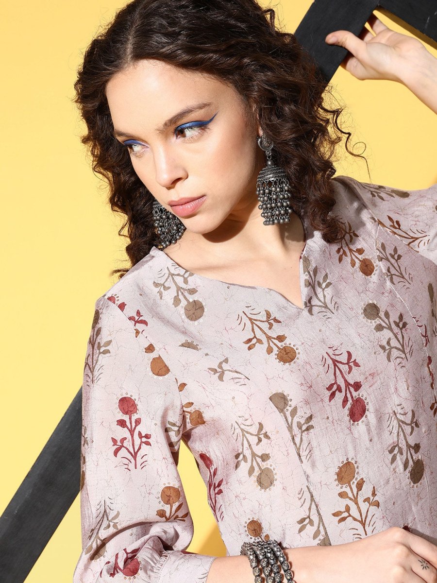 All About You Women Amusing Taupe Ethnic Motifs Print Parade Kurta with Trousers