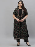 Sztori Plus Size Floral Printed Mandarin Collar Foil Printed A-Line Kurta With Trouser
