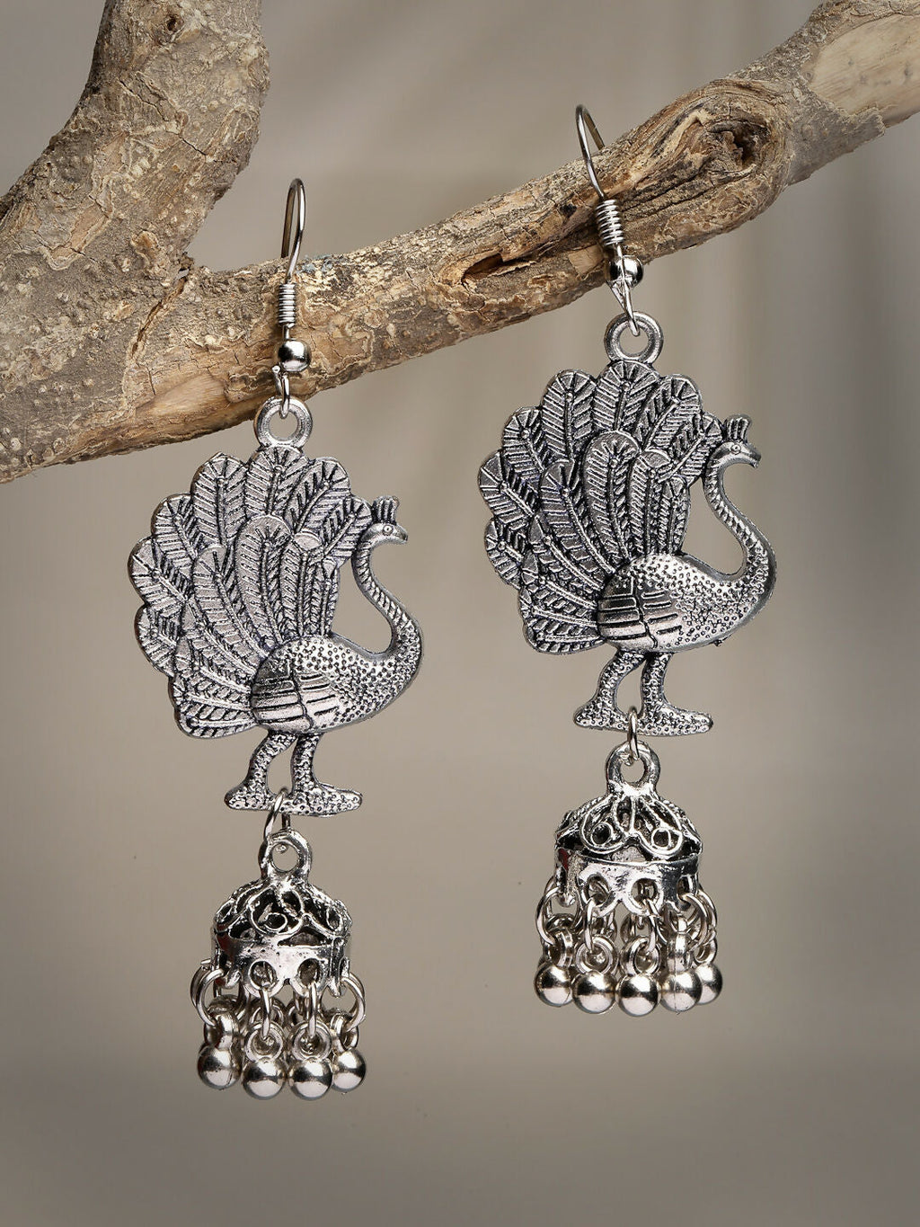 NVR Women's Silver-Toned Peacock Desing German Silver Oxidised Dome Shaped Jhumka Earrings