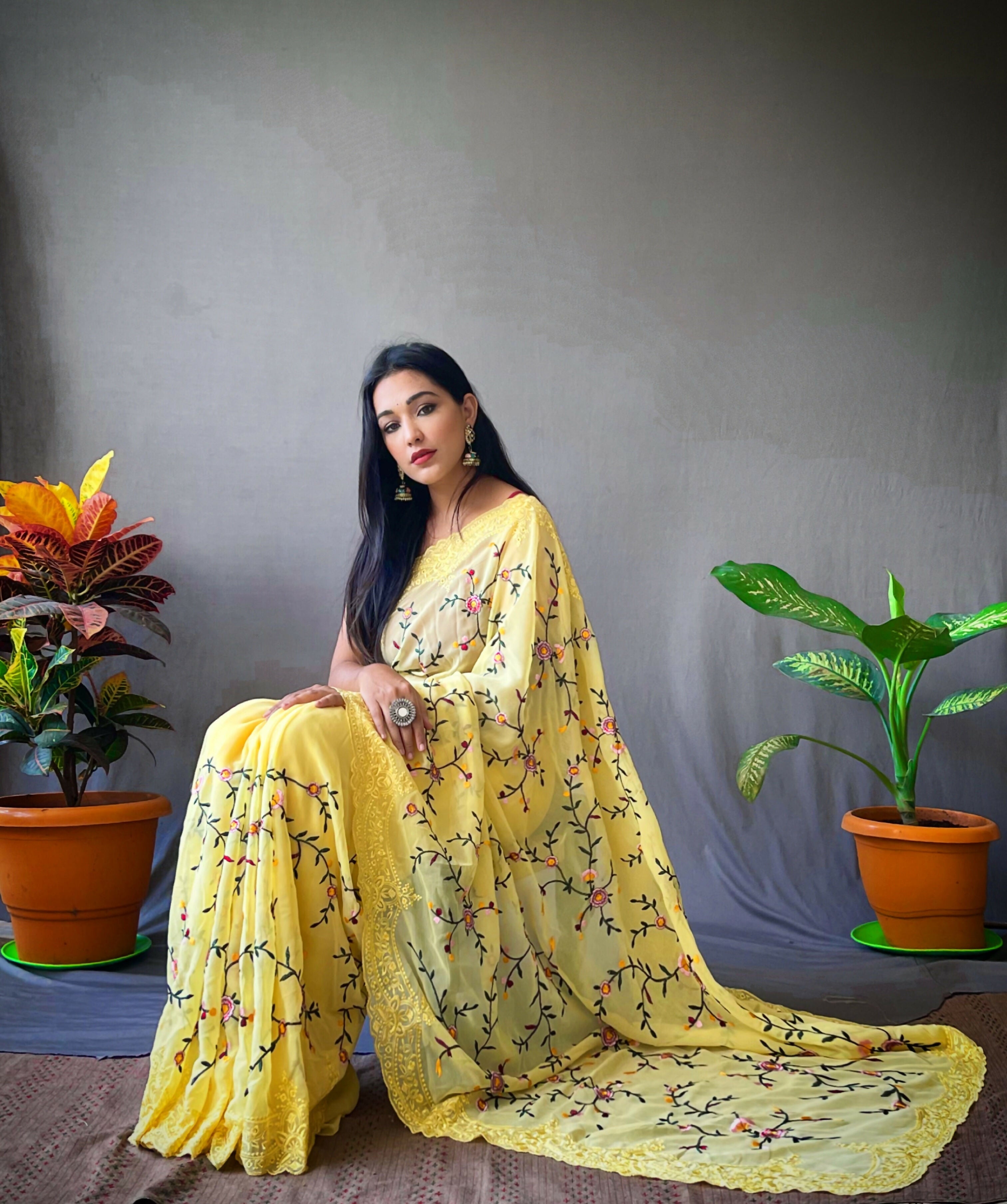 Vamsee Pearl 1 Yellow Georgette Saree