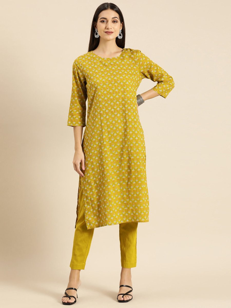All About You Women Olive Green Ethnic Motifs Print Pure Cotton Kurta with Trousers