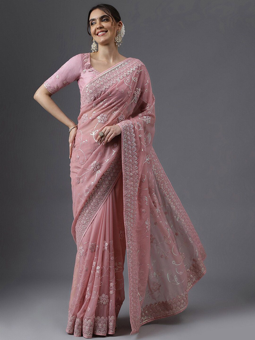 kasee Floral Embroidered Sequinned Organza Saree