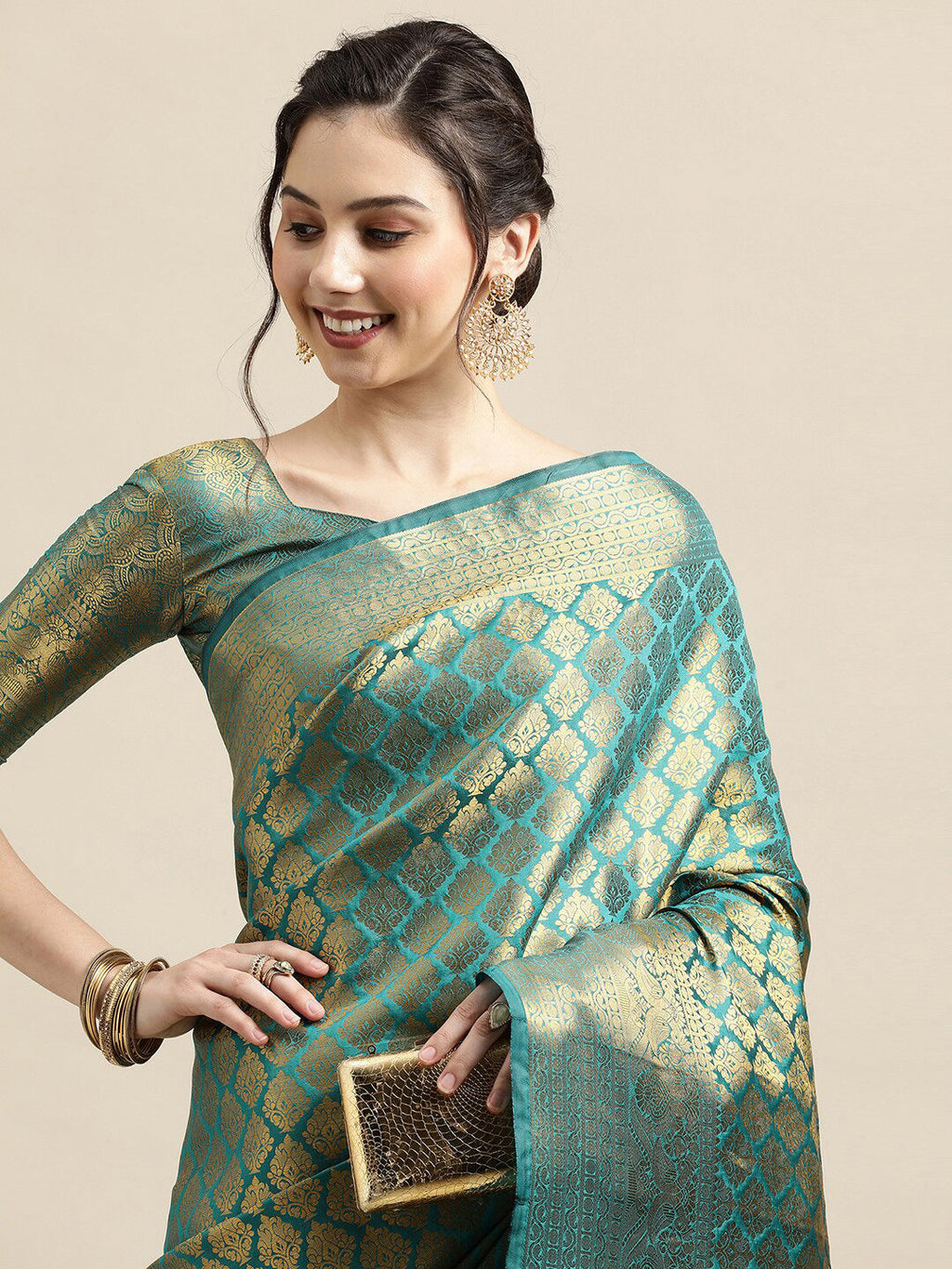 Saree Mall Blue & Gold-Toned Woven Design Zari Silk Blend Banarasi Saree