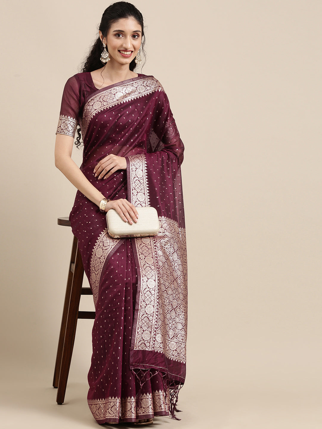 Saree Mall Maroon Woven Design Zari Silk Blend Banarasi Saree