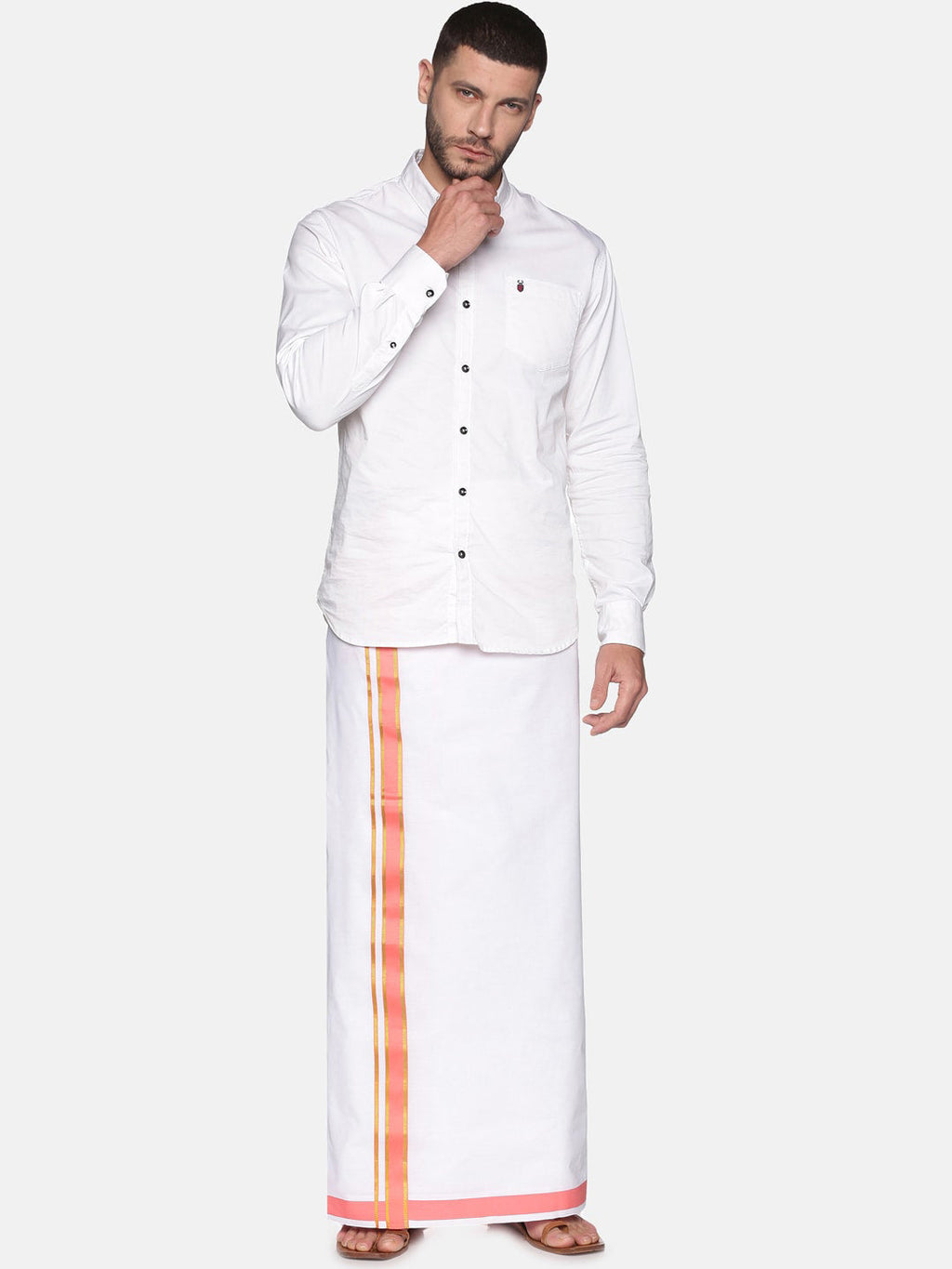 Sethukrishna Men White & Pink Solid Cotton Dhoti