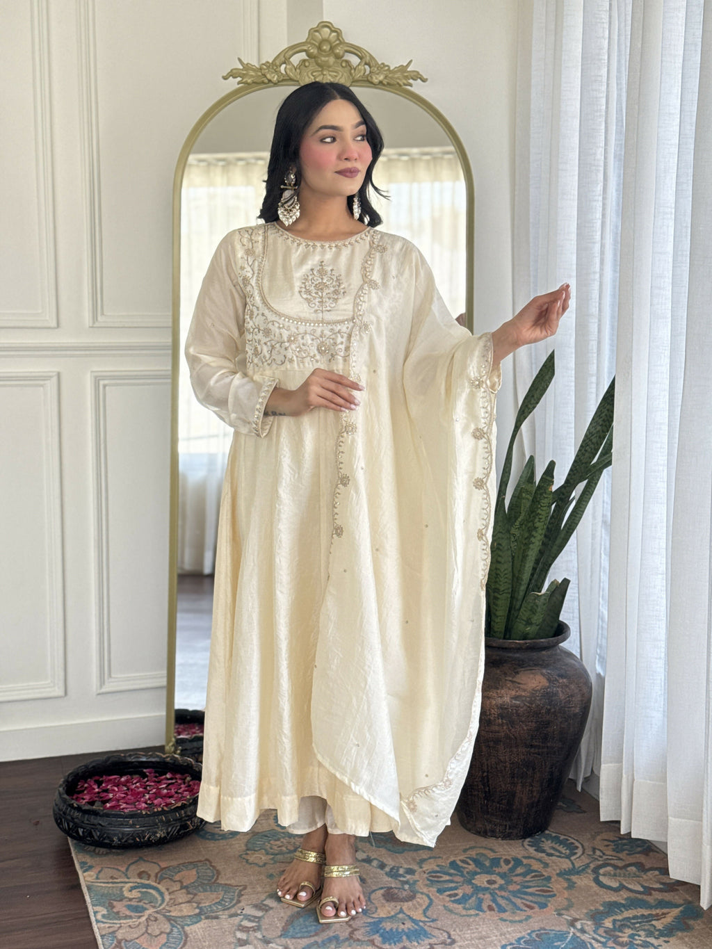The52 CreamWomen's Gorgeous Embroidered Vichitra Silk Fabric Flared Kurta Pant with Dupatta Set