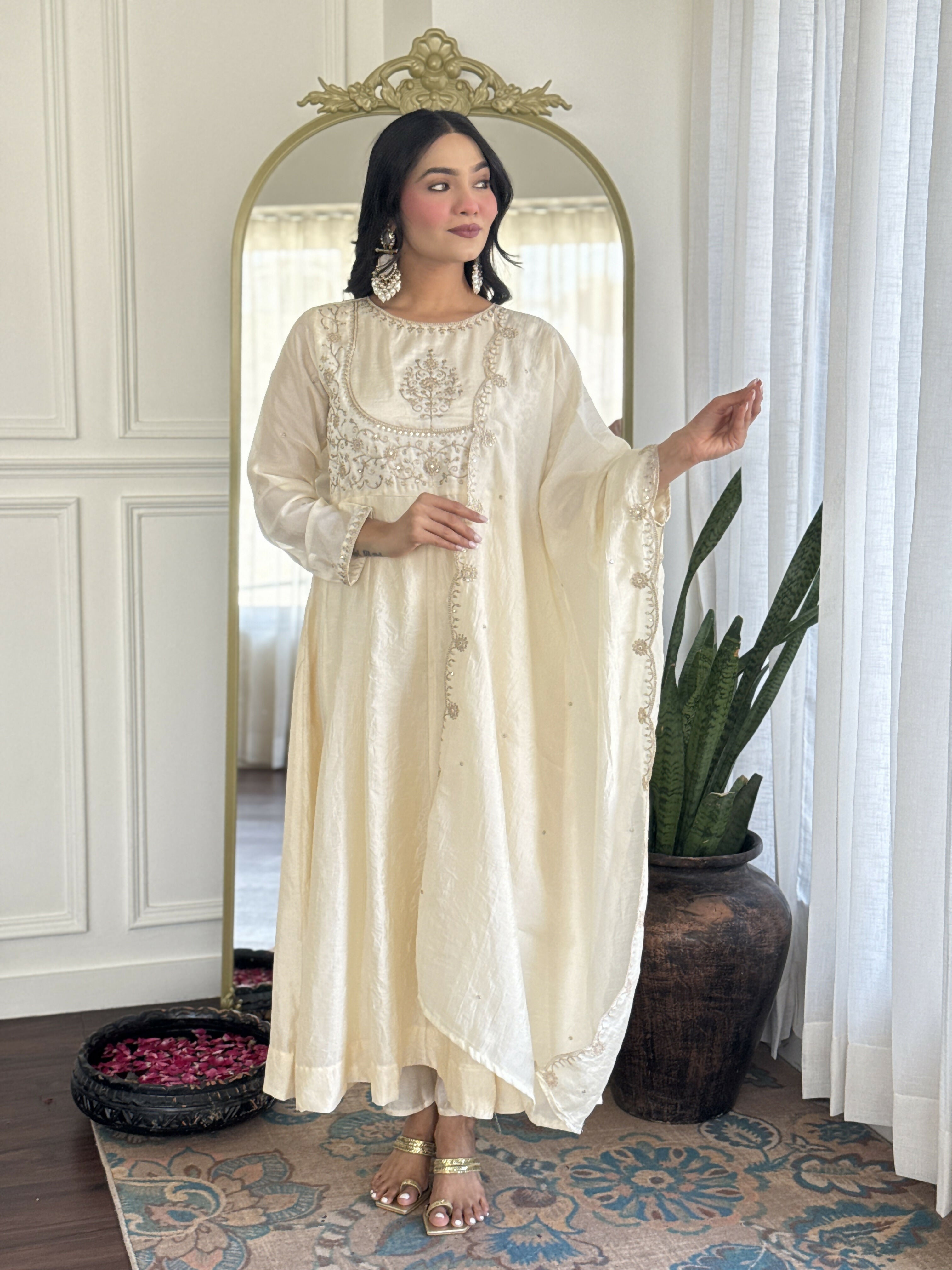 The52 CreamWomen's Gorgeous Embroidered Vichitra Silk Fabric Flared Kurta Pant with Dupatta Set