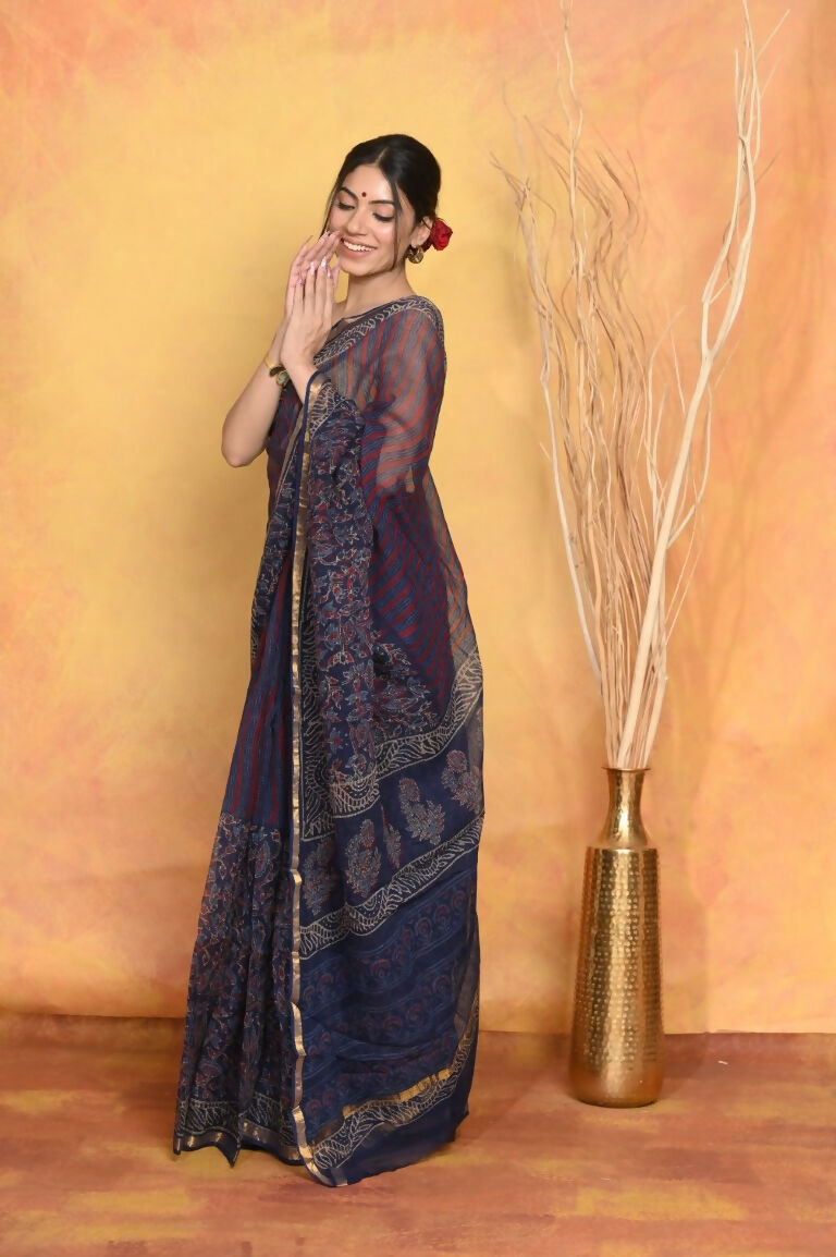 Very Much Indian Pure Kota Cotton Handblock Printed Saree - Dark Blue