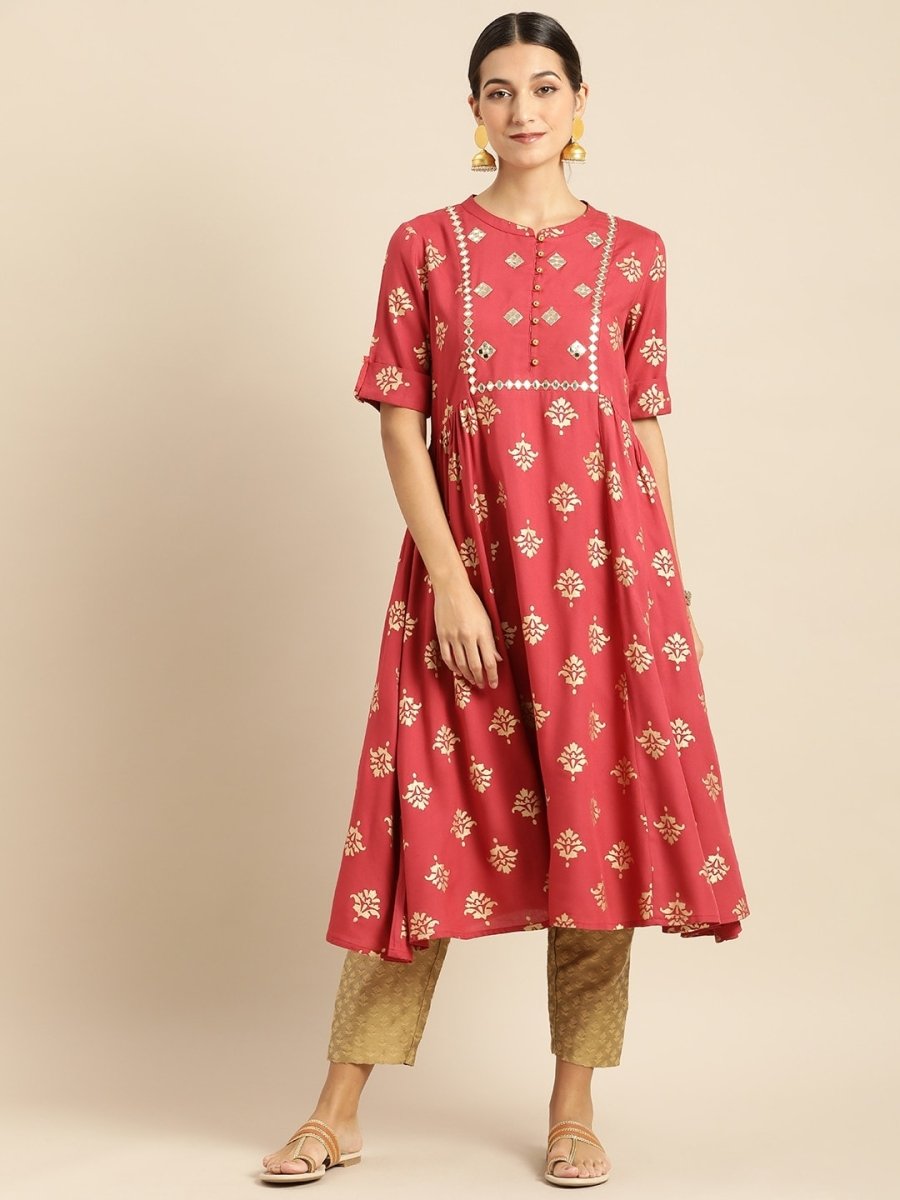 All About You Women Rust & Gold-Toned Ethnic Motifs Printed Mirror Work Kurta