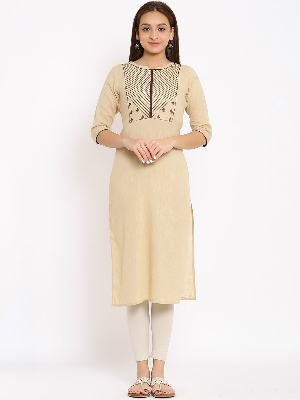 HERE&NOW Beige Geometric Yoke Design Thread Work Kurta