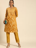 All About You Women Mustard Yellow Ethnic Motifs Printed Regular Kurta with Trousers