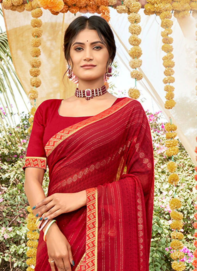 Red Georgette Foil Printed Saree with Unstitched Blouse Piece - Avika