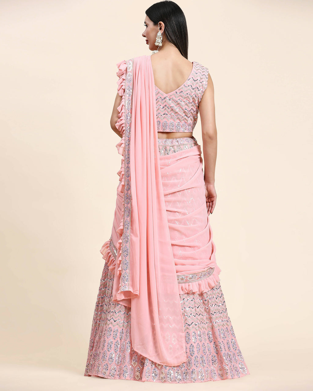 Pink Pure Viscose Georgette Thread With Sequins Embroidery Work Lehenga Choli With Dupatta - Tanya