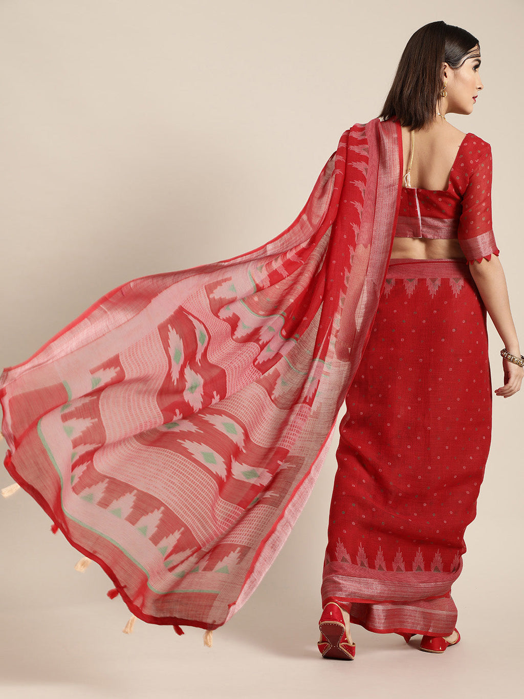 Saree Mall Saree Mall Blazing Red Linen Blend Saree