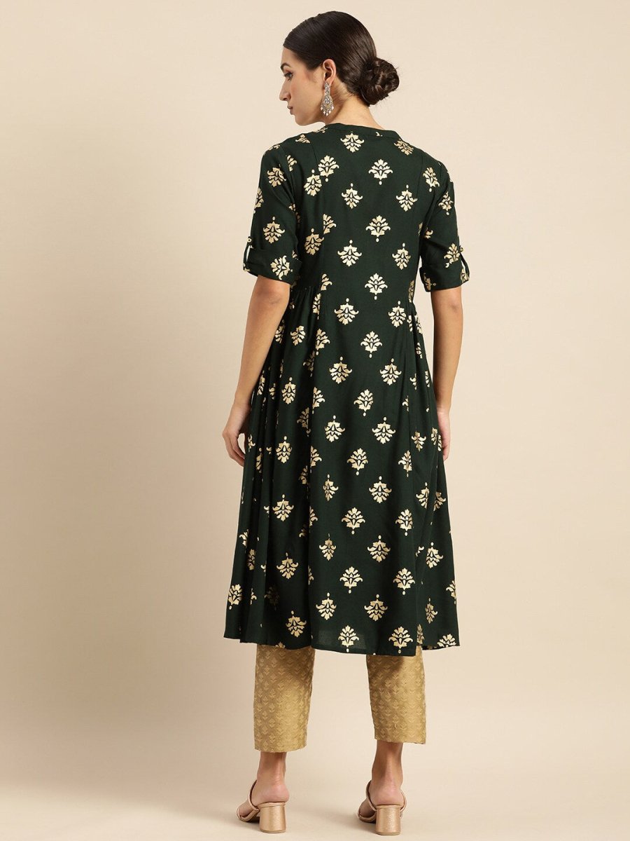 All About You Women Teal Green & Gold-Toned Ethnic Motifs Printed Mirror Work Kurta