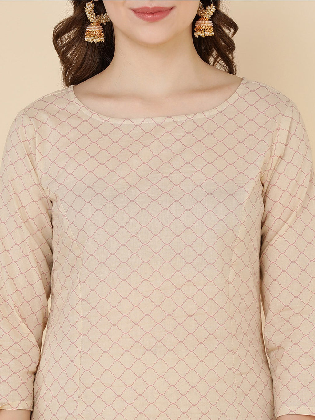 HERE&NOW Women Beige Ethnic Motifs Printed Pure Cotton Kurta with Trousers & Dupatta