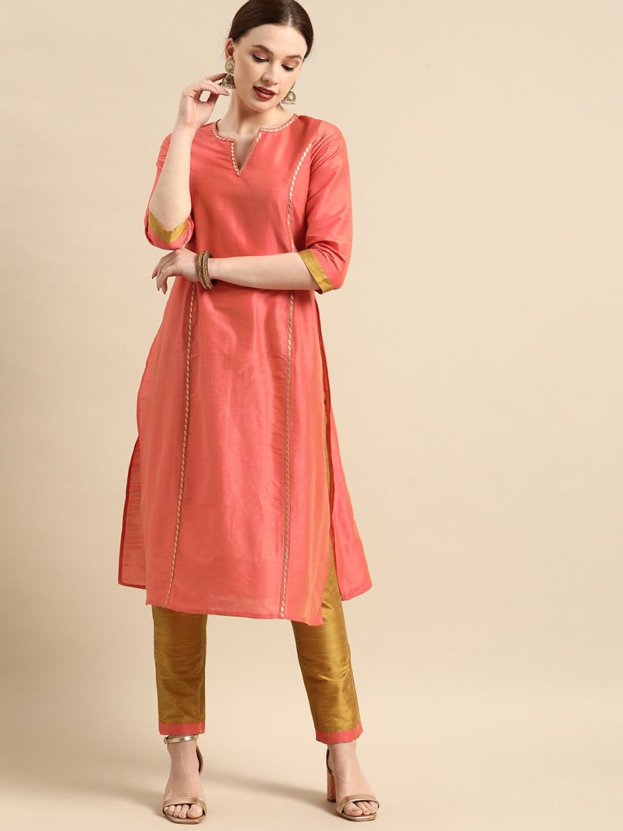 All About You Women Peach-Coloured Embroidered Kurta with Trousers