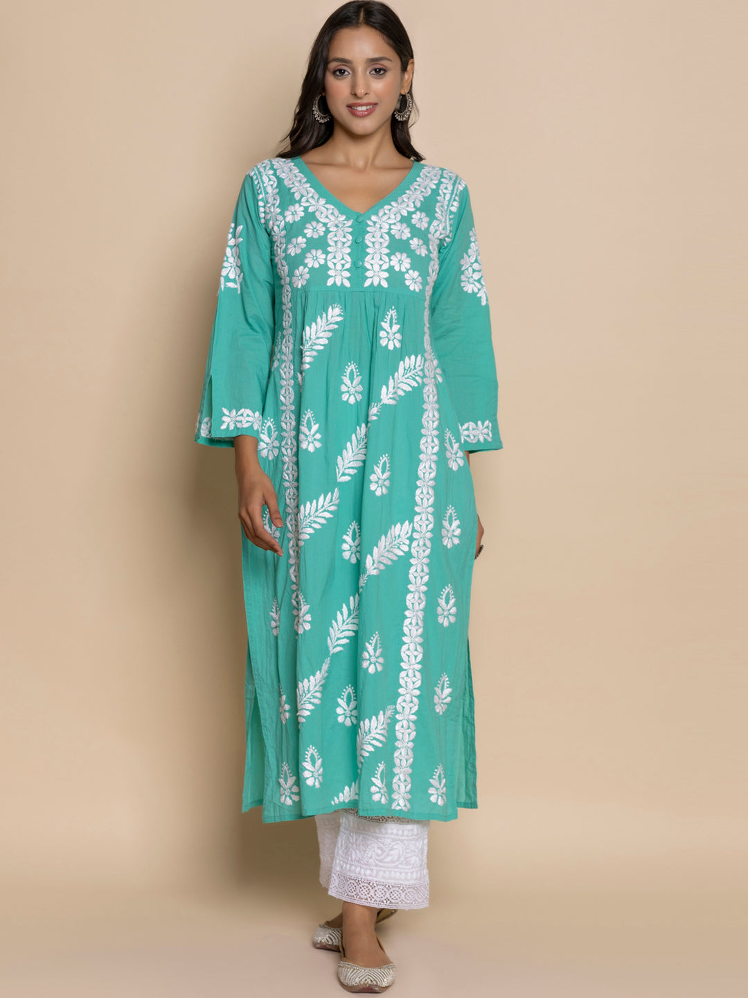HOUSE OF KARI Floral Embroidered Chikankari Cotton A-Line Kurta
