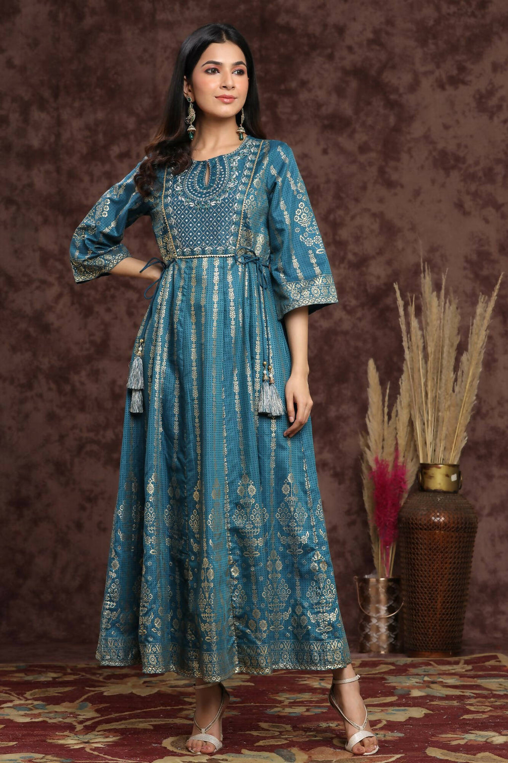 Juniper Women Teal Shantoon Printed Anarkali Dress