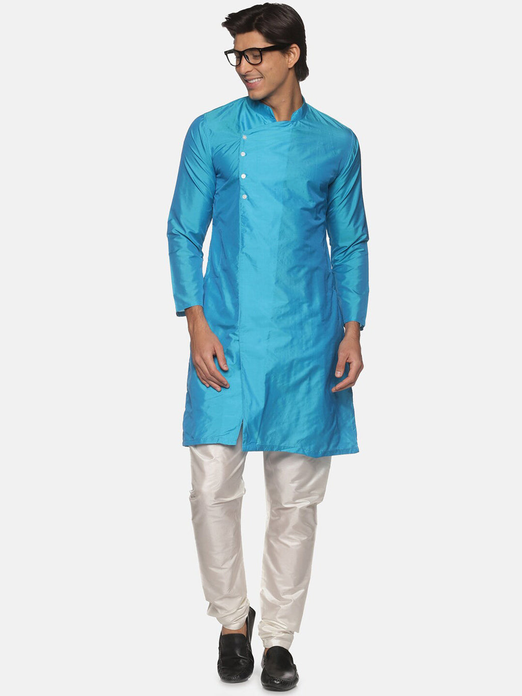 Sethukrishna Men Turquoise Blue Angrakha Kurta with Trousers
