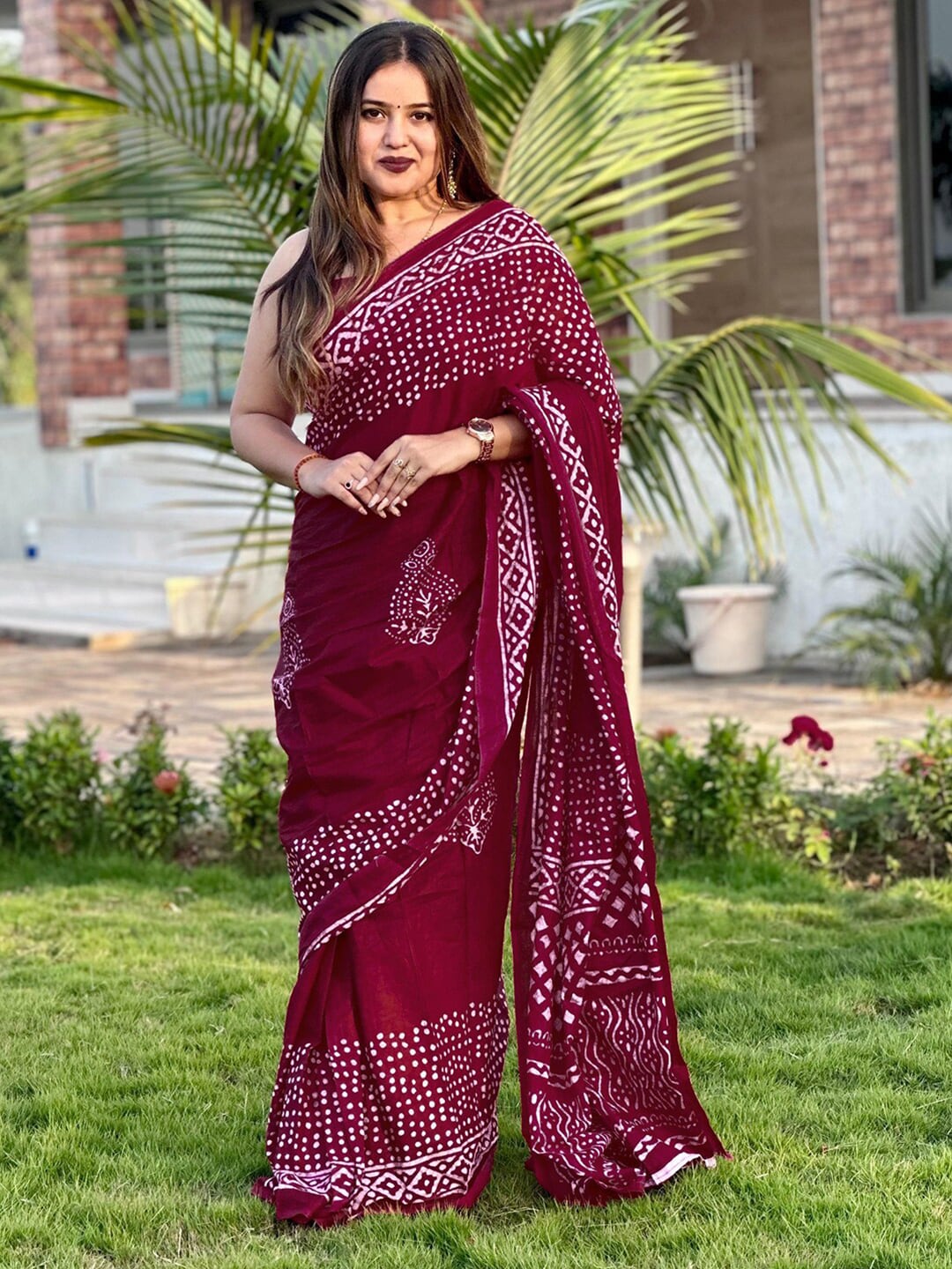 Saree Mall Pink & White Polka Dot Pure Cotton Designer Bagh Sarees