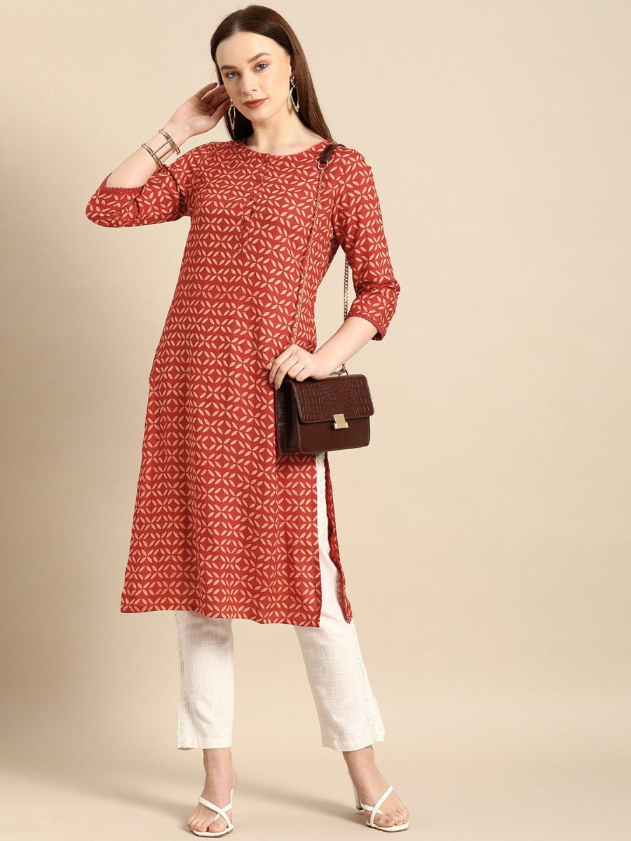All About You Women Brown Geometric Printed Regular Kurta