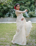 White Pure Linen Woven Design Saree with Unstitched Blouse - A2M