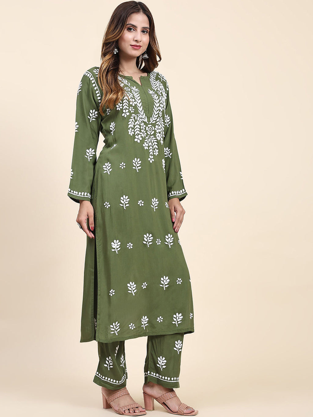 HOUSE OF KARI Floral Embroidered Thread Work Pure Cotton Kurta with Trousers