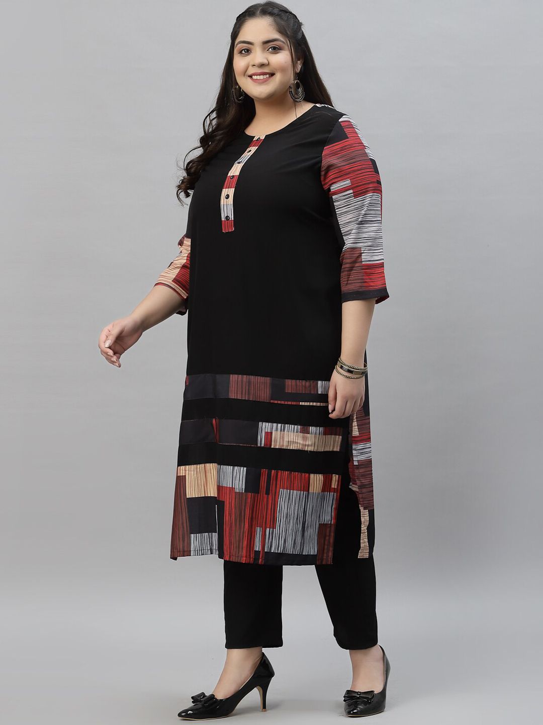 Sztori Black & Red Ethnic Motifs Printed Crepe A-Line Kurta