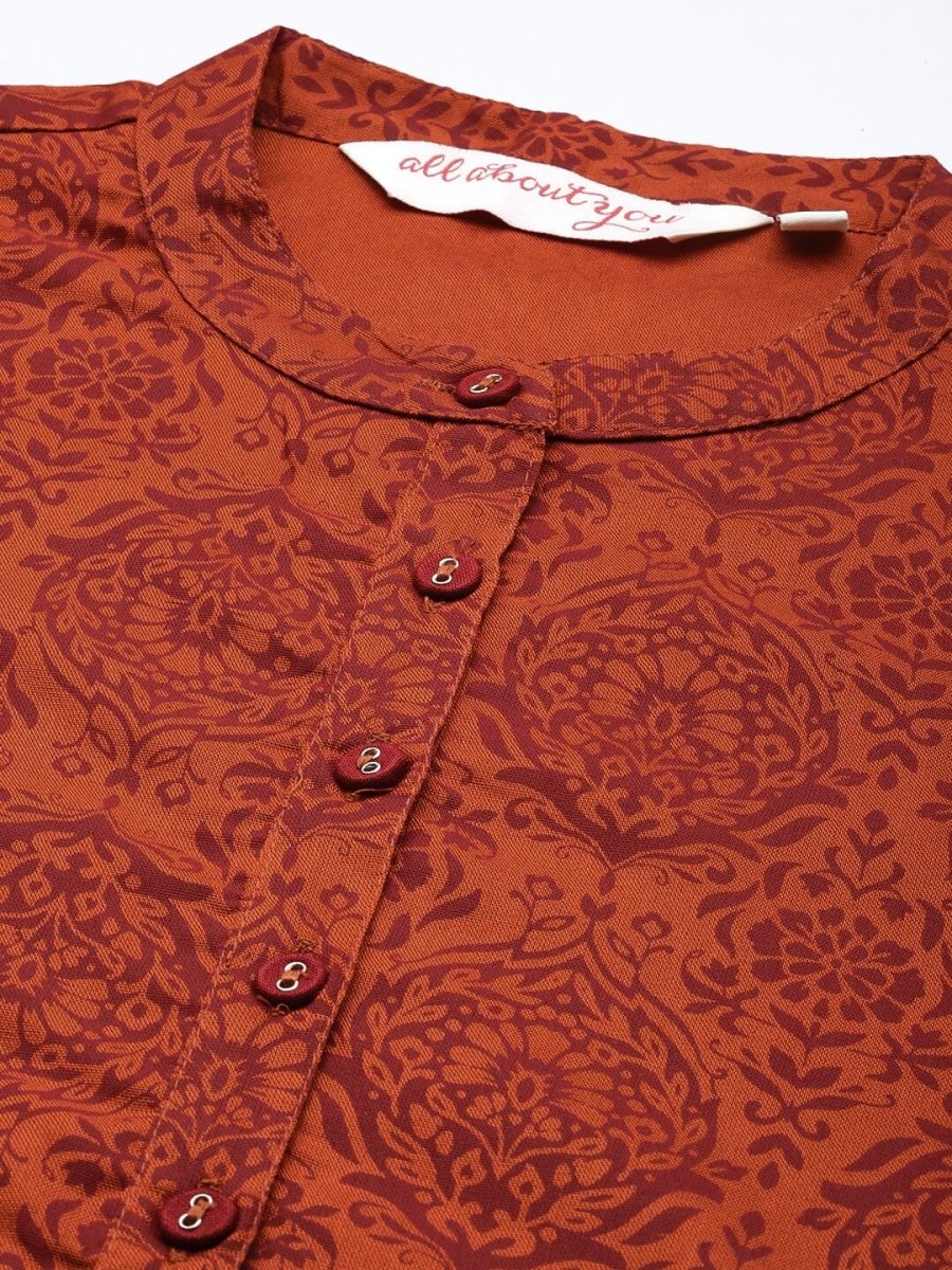 All About You Women Rust Brown Ethnic Motifs Printed Straight Kurta