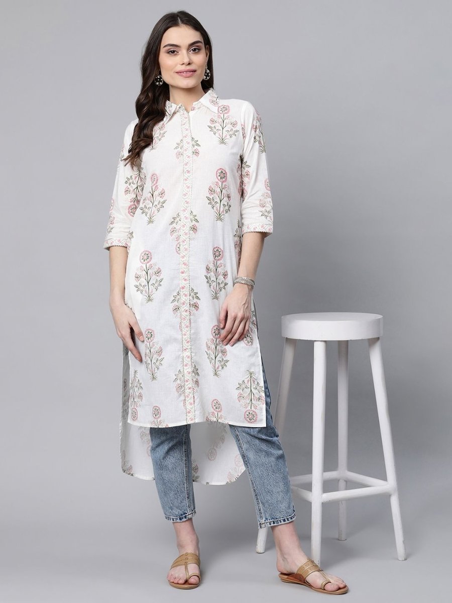 Ahalyaa Women's Off White Pure Cotton Floral Printed Kurta