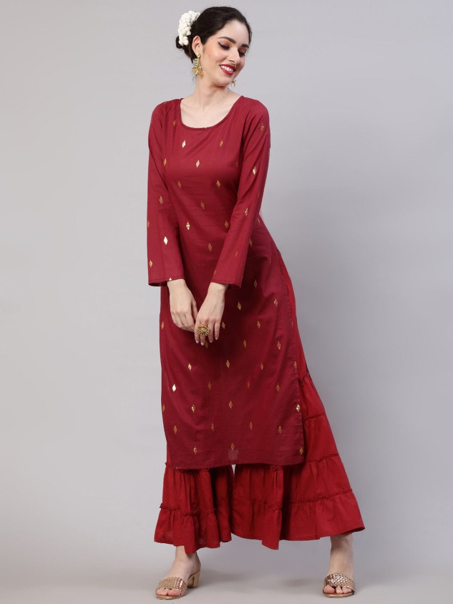 Aks Woven Design Round Neck Zari Cotton A-Line Kurta