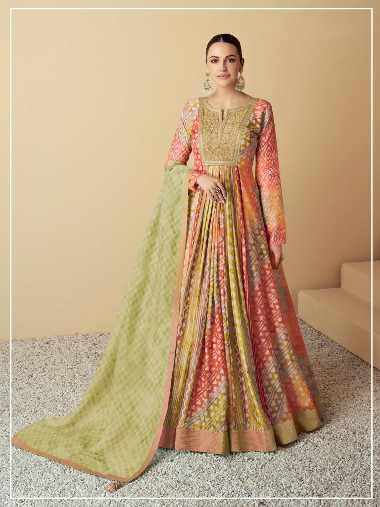 Vastranavya Red Muslin Printed Sequins Beads Work Abaya Style Anarkali Suit