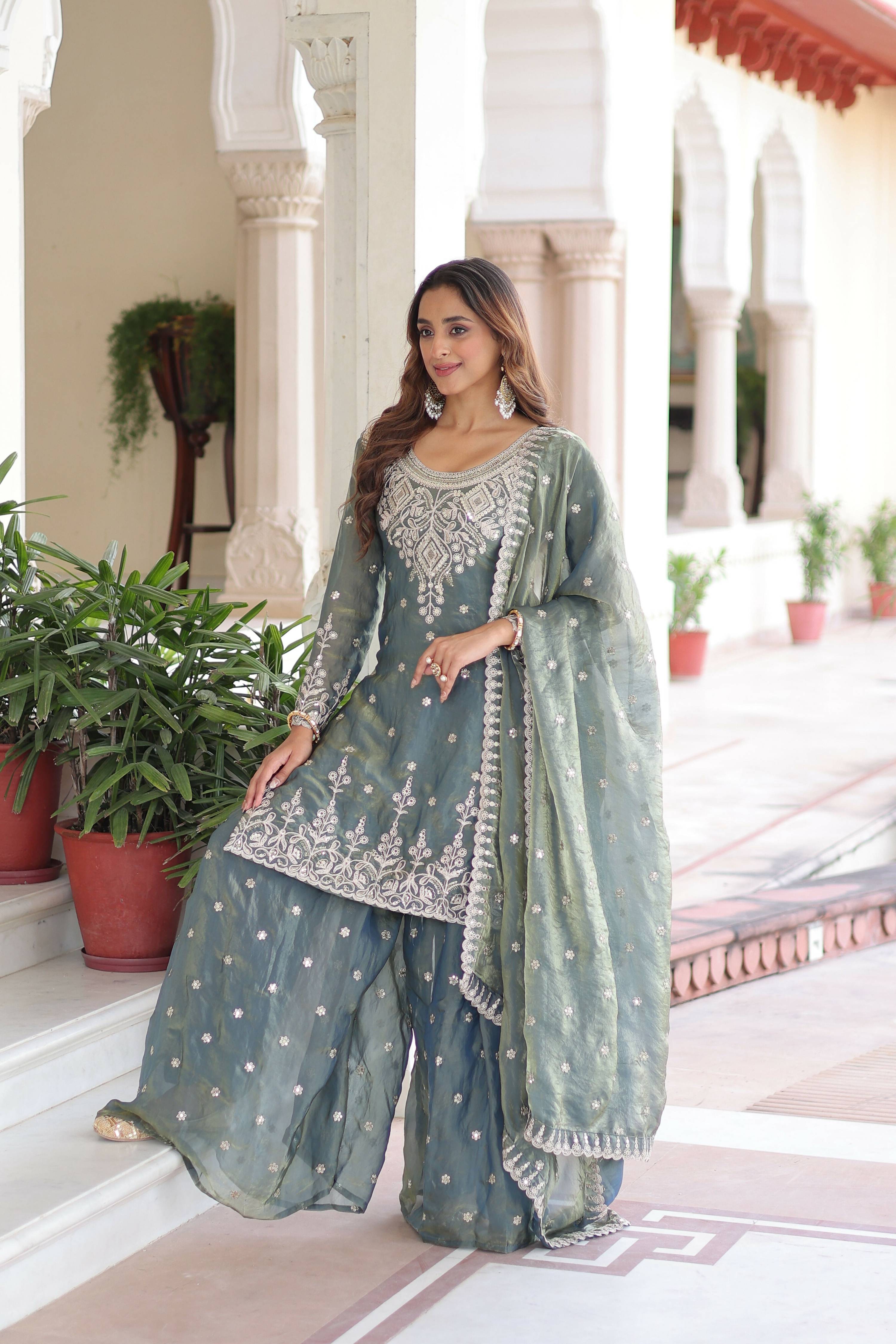 Joban Fashion Grey Readymade Kurta Set With Sequence embroidery Work