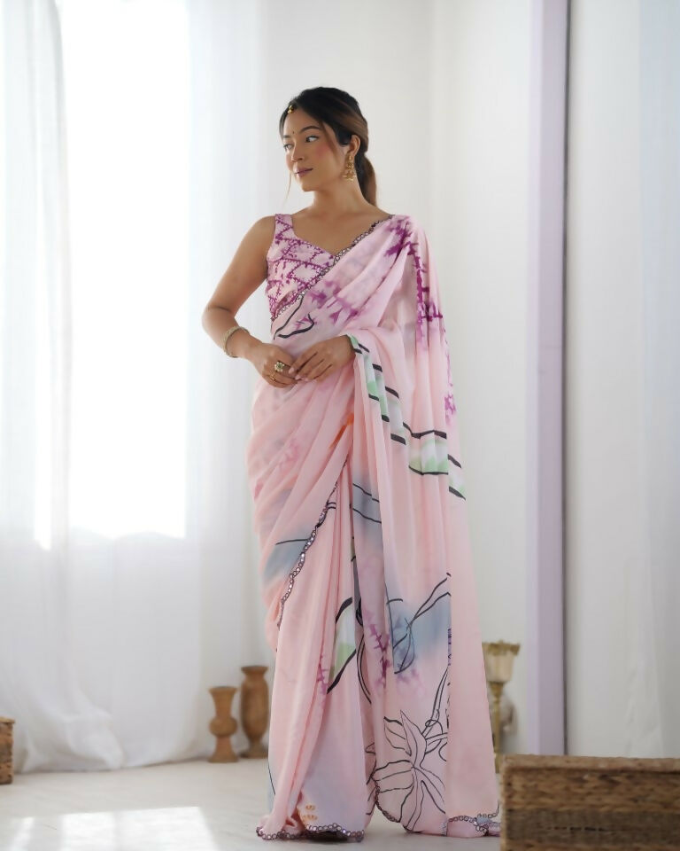 Pink Chinon Designer Digital Printed & Mirror Cut Work Saree - Kriti