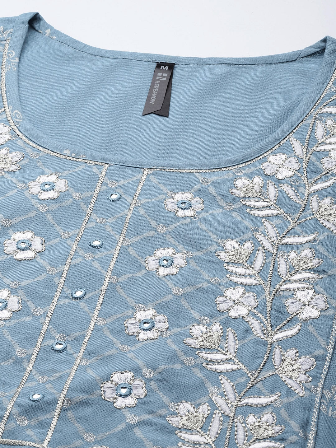 HERE&NOW Women Blue & White Ethnic Embroidered Kurta with Trousers & With Dupatta