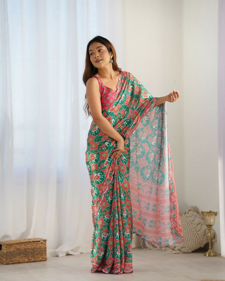 Green Chinon Designer Digital Printed & Mirror Cut Work Saree - Kriti