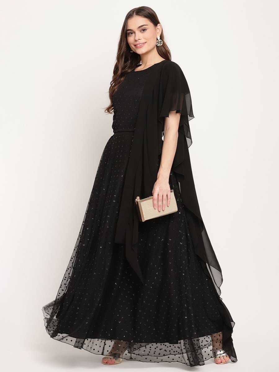 Ahalyaa Women's Black Net Glitter Print Top Skirt Set With Dupatta