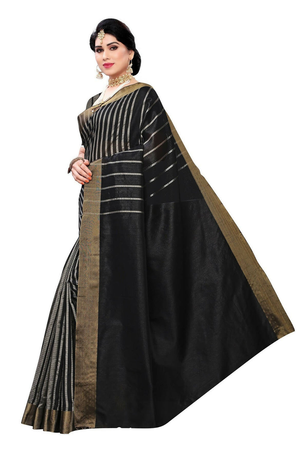 Vamika Black and White Lines Cotton Silk Weaving Saree (Paithani Black)
