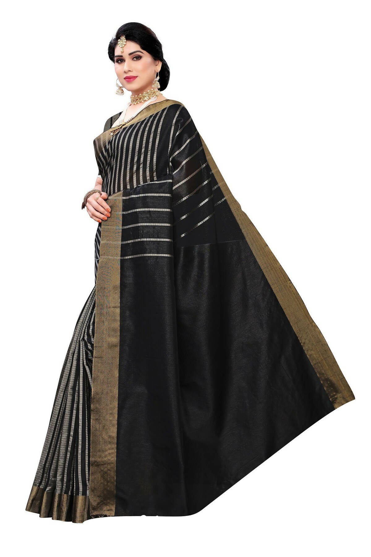 Vamika Black and White Lines Cotton Silk Weaving Saree (Paithani Black)