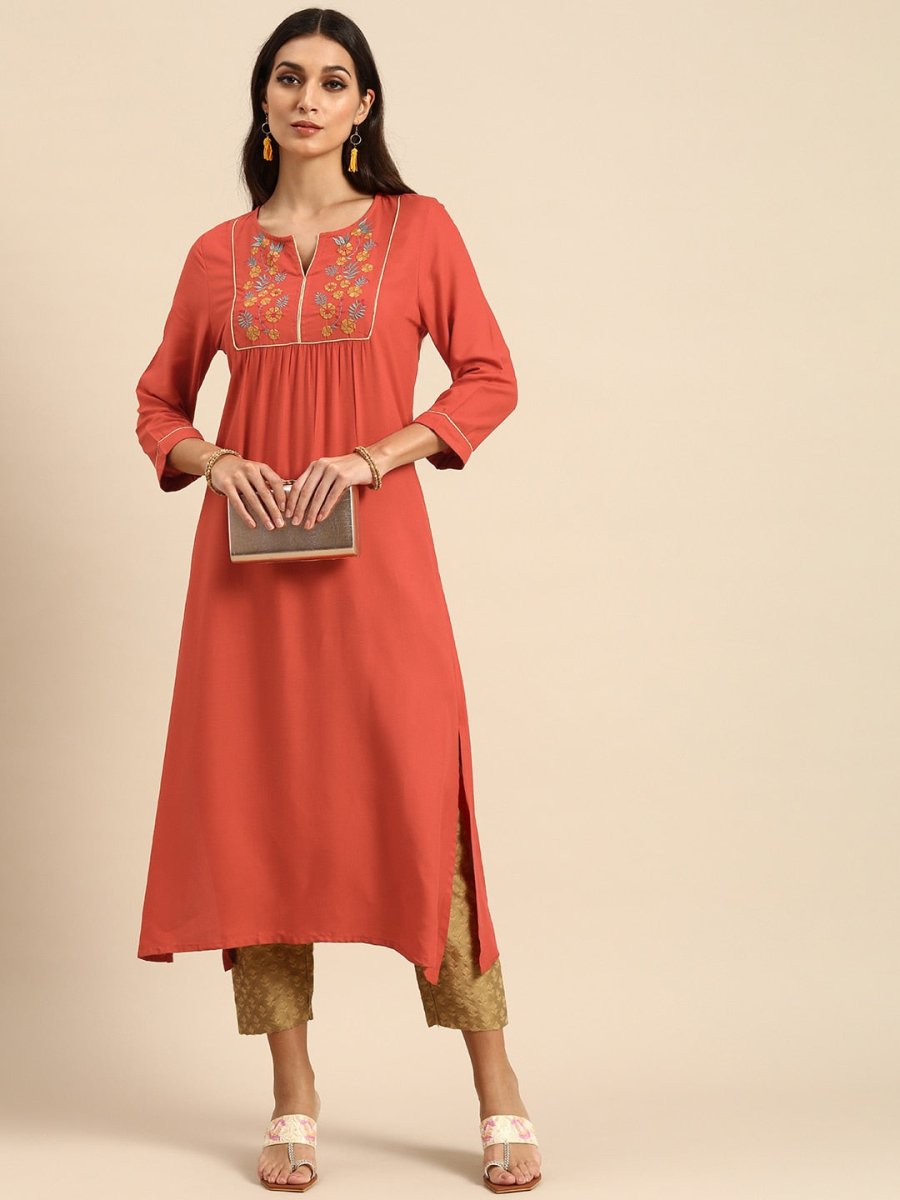 All About You Women Rust Orange Floral Yoke Design Embroidered Thread Work Straight Kurta