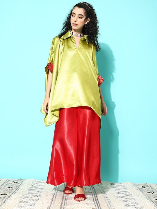 InWeave Women's Olive Red Brocade Satin Boho Kurta Red Palazzo Set