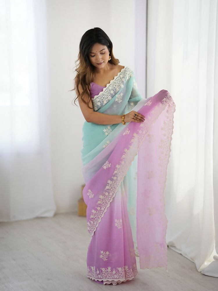 Purple Crunchy Silk Embroidery Work Party Wear Saree - Lakshita