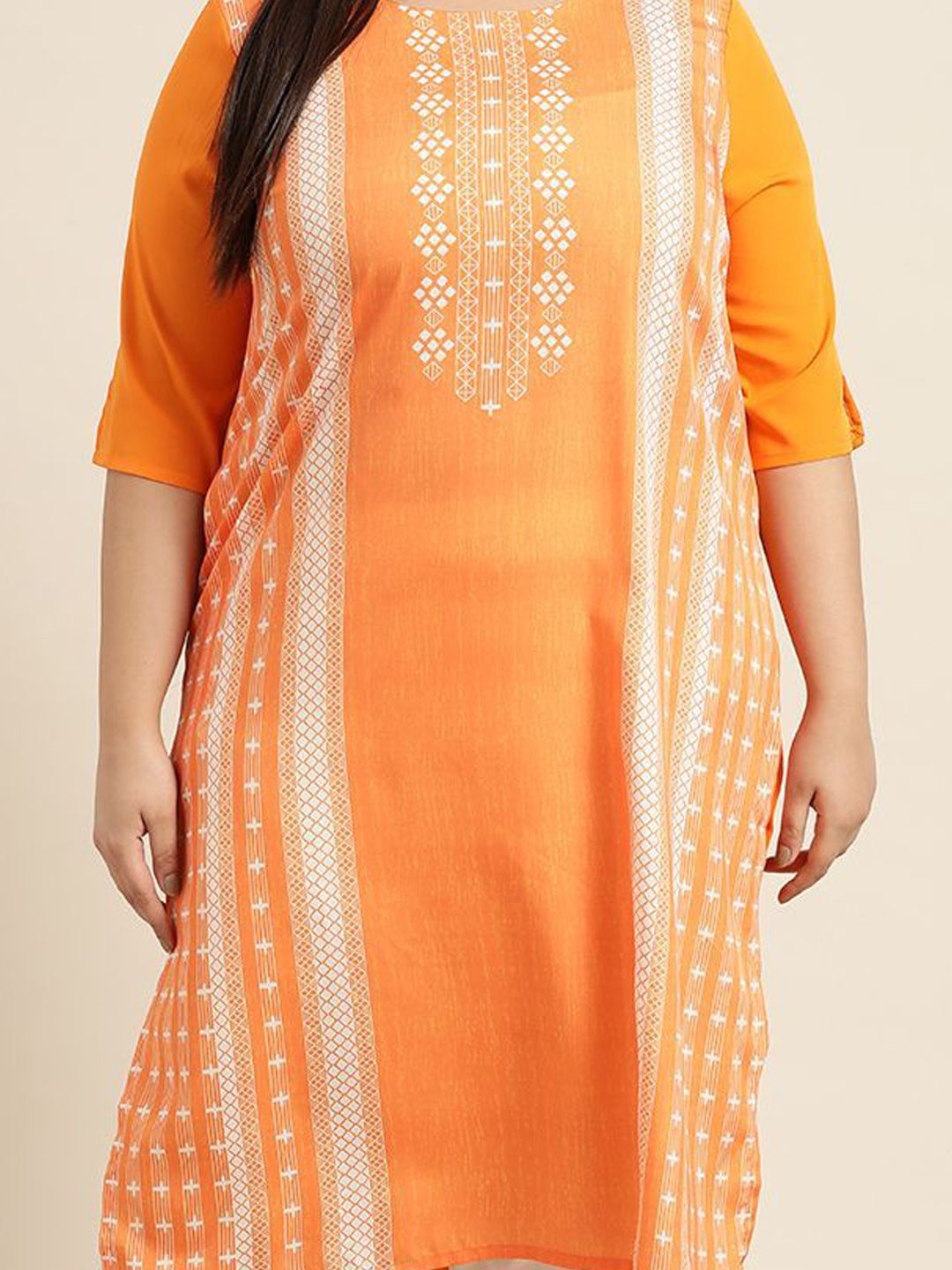 Sztori Plus Size Geometric Printed Round Neck Straight Kurta