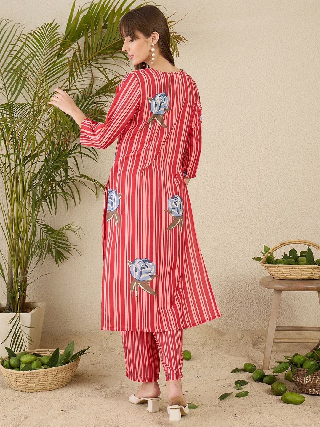 Indo Era Women Solid V-Neck Regular Kurta with Trousers