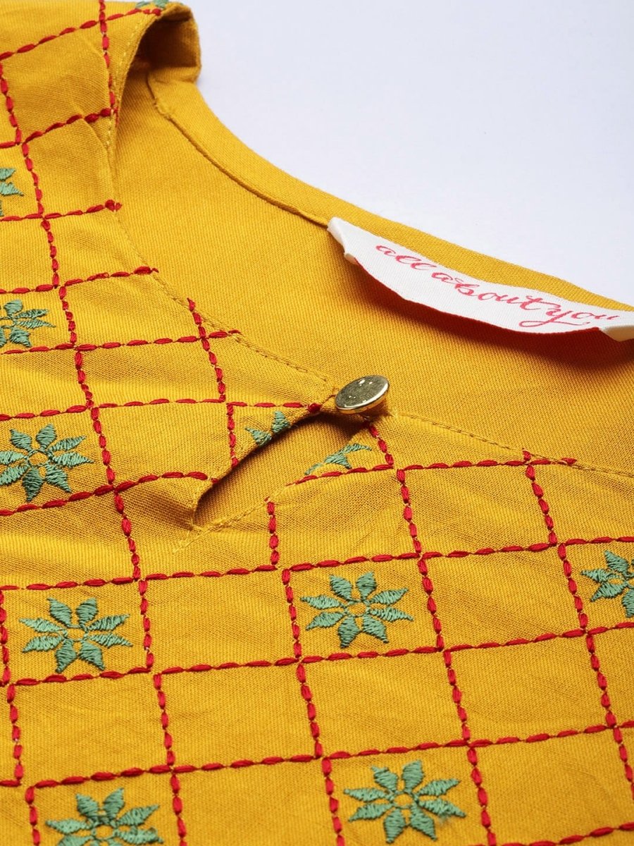 All About You Women Mustard Yellow Ethnic Motifs Yoke Design Keyhole Neck Straight Kurta