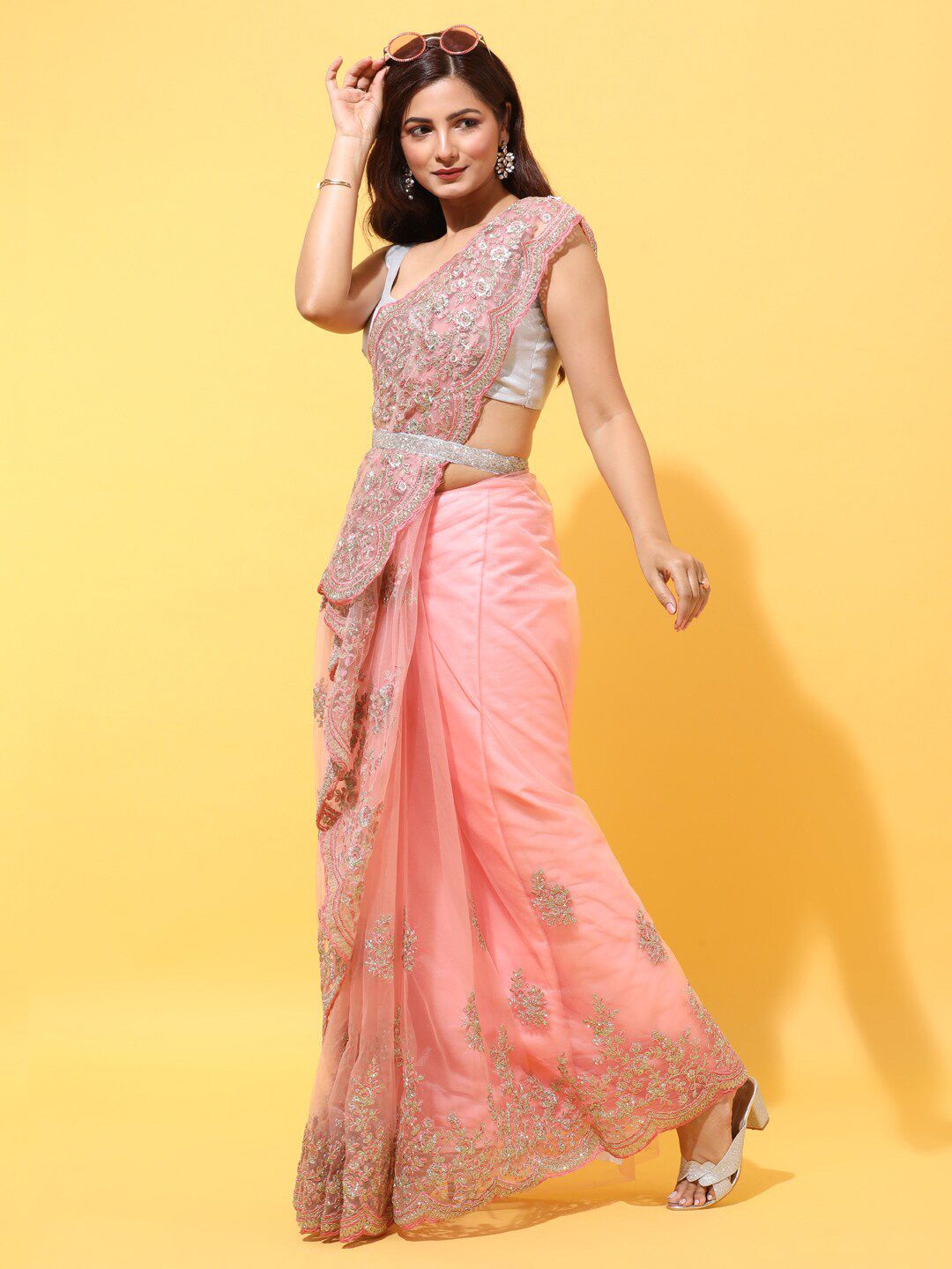 kasee Pink Floral Embroidered Net Saree