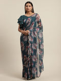 Ahalyaa Women's Green Chiffon Digital Print Floral Saree