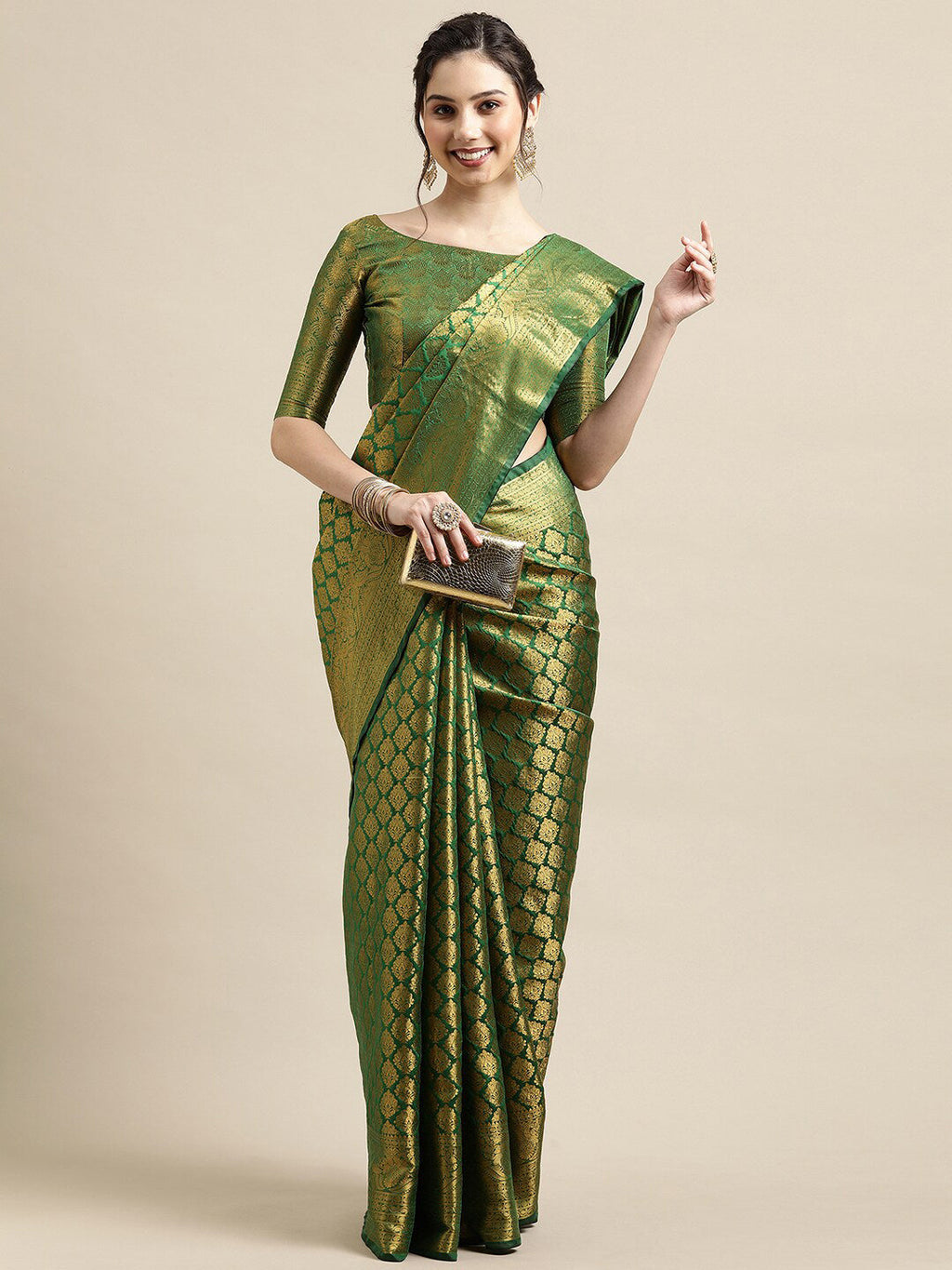 Saree Mall Green & Gold-Toned Woven Design Zari Silk Blend Banarasi Saree
