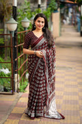 Maroon Poly Georgette Ajrak Saree with Unstitched Blouse - Hiral Fashion